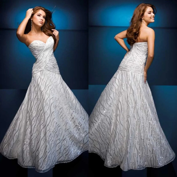 Tony Bowls prom grad white and silvered strapless dress size 8 - Picture 1 of 5